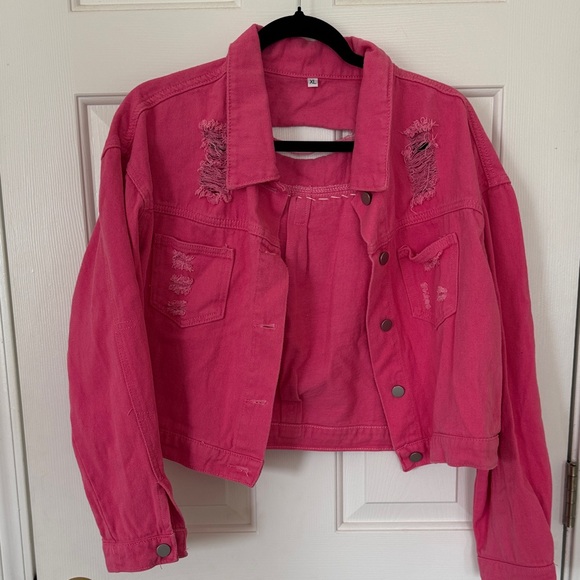 Hot Pink Rhinestone Fringe Cropped Denim Jacket - Picture 2 of 5